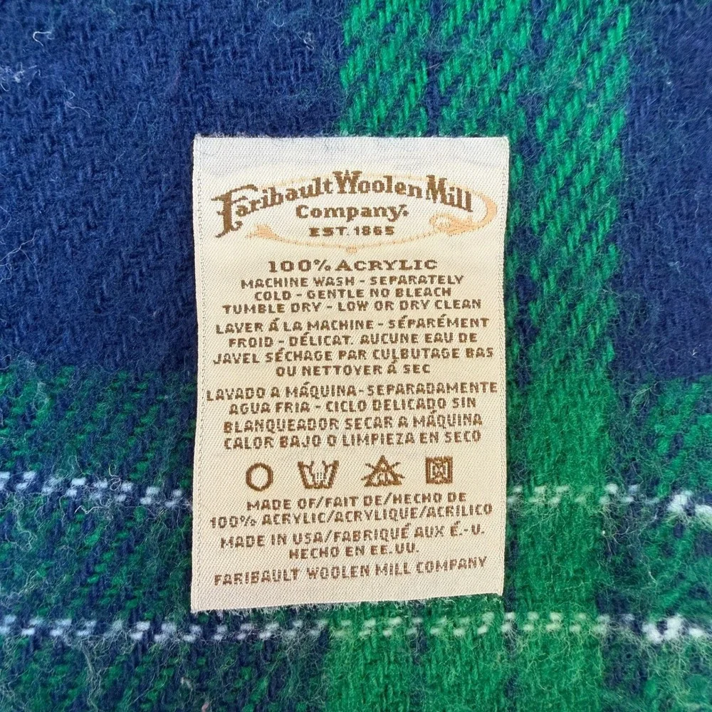 Faribault Woolen Mill  Blue‎ Green White Plaid WOOL Throw Blanket 53